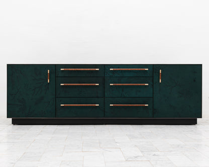 TATTOOED MAPPER BUREAU - 95" L, OXIDIZED OIL TIGER MAPLE EXTERIOR, POND LEATHER FACES