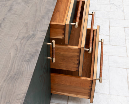 TATTOOED MAPPER BUREAU - 95" L, OXIDIZED OIL TIGER MAPLE EXTERIOR, POND LEATHER FACES