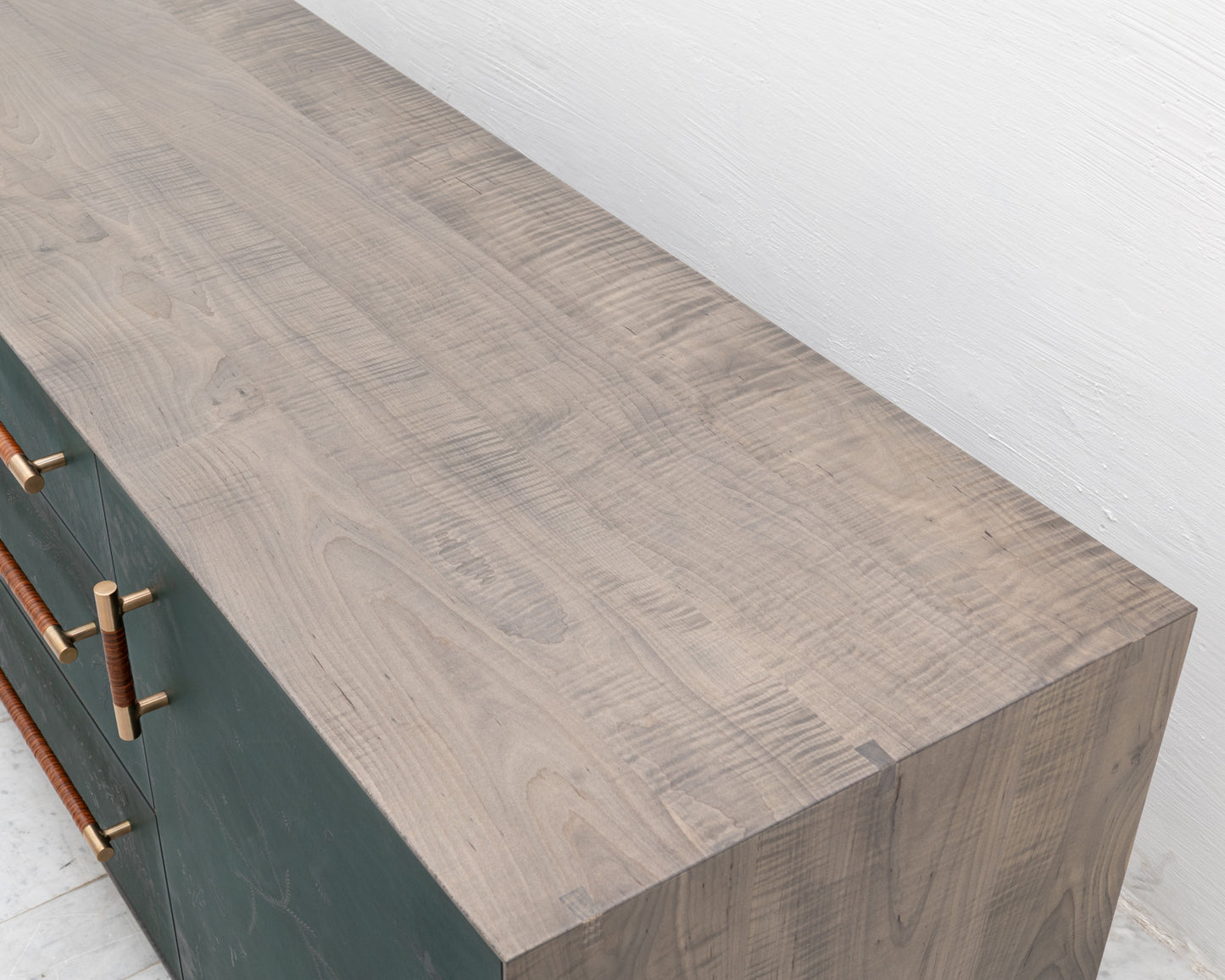 TATTOOED MAPPER BUREAU - 95" L, OXIDIZED OIL TIGER MAPLE EXTERIOR, POND LEATHER FACES
