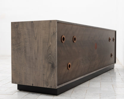 TATTOOED MAPPER BUREAU - 95" L, OXIDIZED OIL TIGER MAPLE EXTERIOR, POND LEATHER FACES