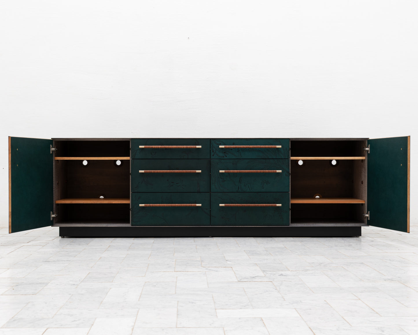 TATTOOED MAPPER BUREAU - 95" L, OXIDIZED OIL TIGER MAPLE EXTERIOR, POND LEATHER FACES