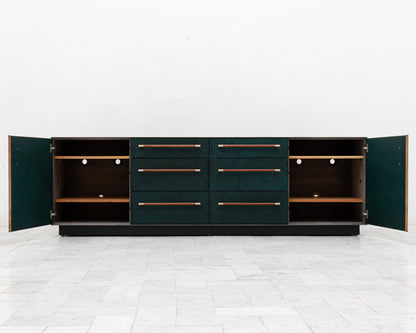 TATTOOED MAPPER BUREAU - 95" L, OXIDIZED OIL TIGER MAPLE EXTERIOR, POND LEATHER FACES