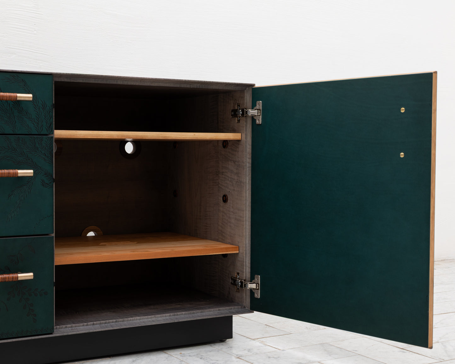 TATTOOED MAPPER BUREAU - 95" L, OXIDIZED OIL TIGER MAPLE EXTERIOR, POND LEATHER FACES