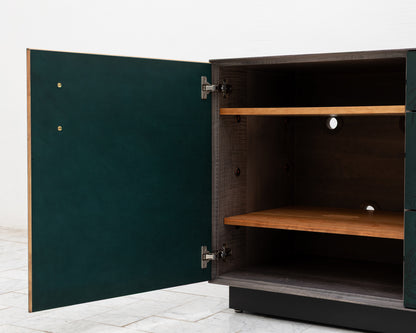 TATTOOED MAPPER BUREAU - 95" L, OXIDIZED OIL TIGER MAPLE EXTERIOR, POND LEATHER FACES