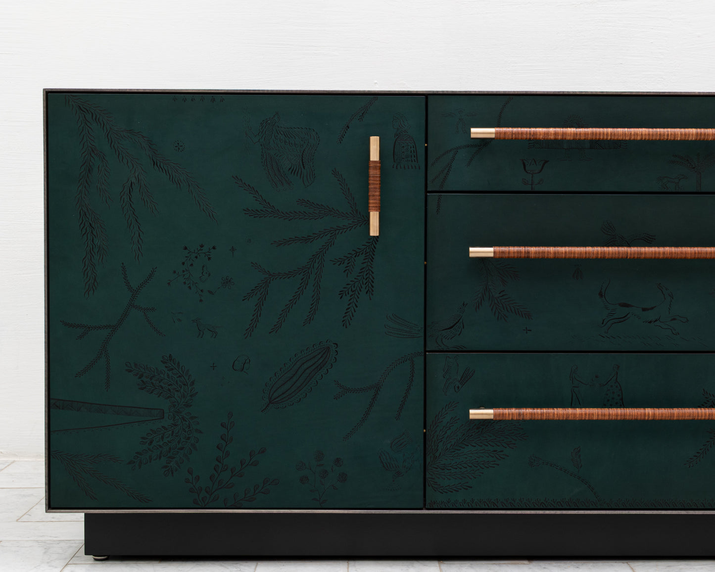 TATTOOED MAPPER BUREAU - 95" L, OXIDIZED OIL TIGER MAPLE EXTERIOR, POND LEATHER FACES