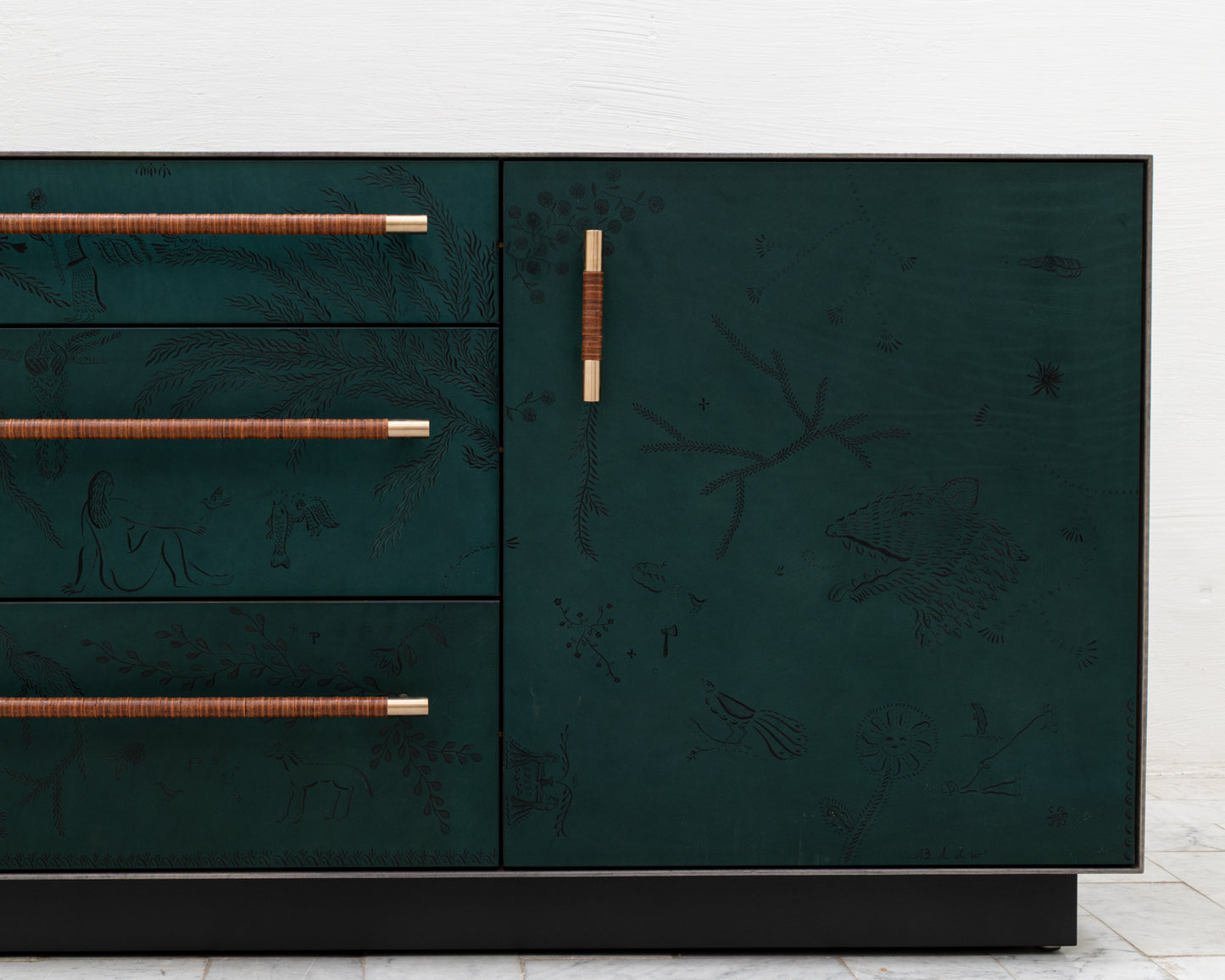 TATTOOED MAPPER BUREAU - 95" L, OXIDIZED OIL TIGER MAPLE EXTERIOR, POND LEATHER FACES