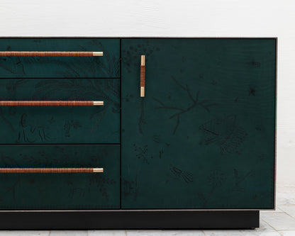 TATTOOED MAPPER BUREAU - 95" L, OXIDIZED OIL TIGER MAPLE EXTERIOR, POND LEATHER FACES