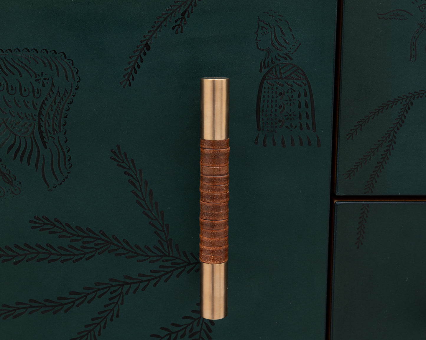TATTOOED MAPPER BUREAU - 95" L, OXIDIZED OIL TIGER MAPLE EXTERIOR, POND LEATHER FACES