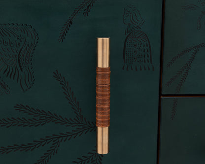 TATTOOED MAPPER BUREAU - 95" L, OXIDIZED OIL TIGER MAPLE EXTERIOR, POND LEATHER FACES