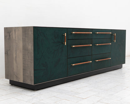 TATTOOED MAPPER BUREAU - 95" L, OXIDIZED OIL TIGER MAPLE EXTERIOR, POND LEATHER FACES