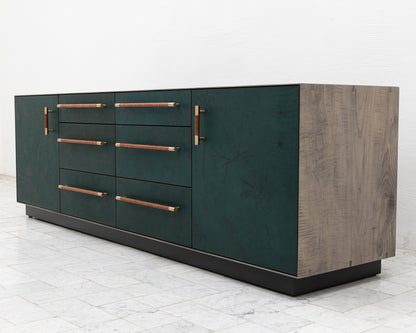 TATTOOED MAPPER BUREAU - 95" L, OXIDIZED OIL TIGER MAPLE EXTERIOR, POND LEATHER FACES