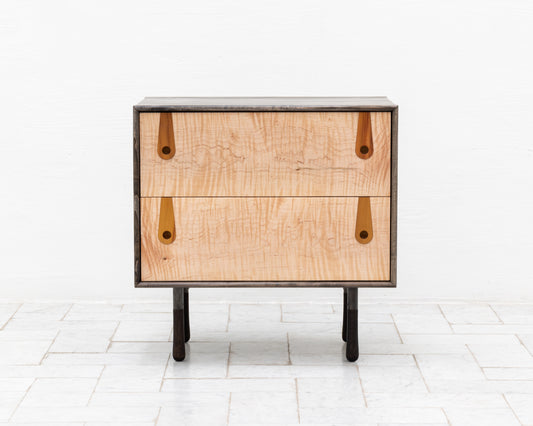 CAYESS SIDE TABLE - 25" L, OXIDIZED MAPLE EXTERIOR AND FACES, OSAGE ORANGE PULLS