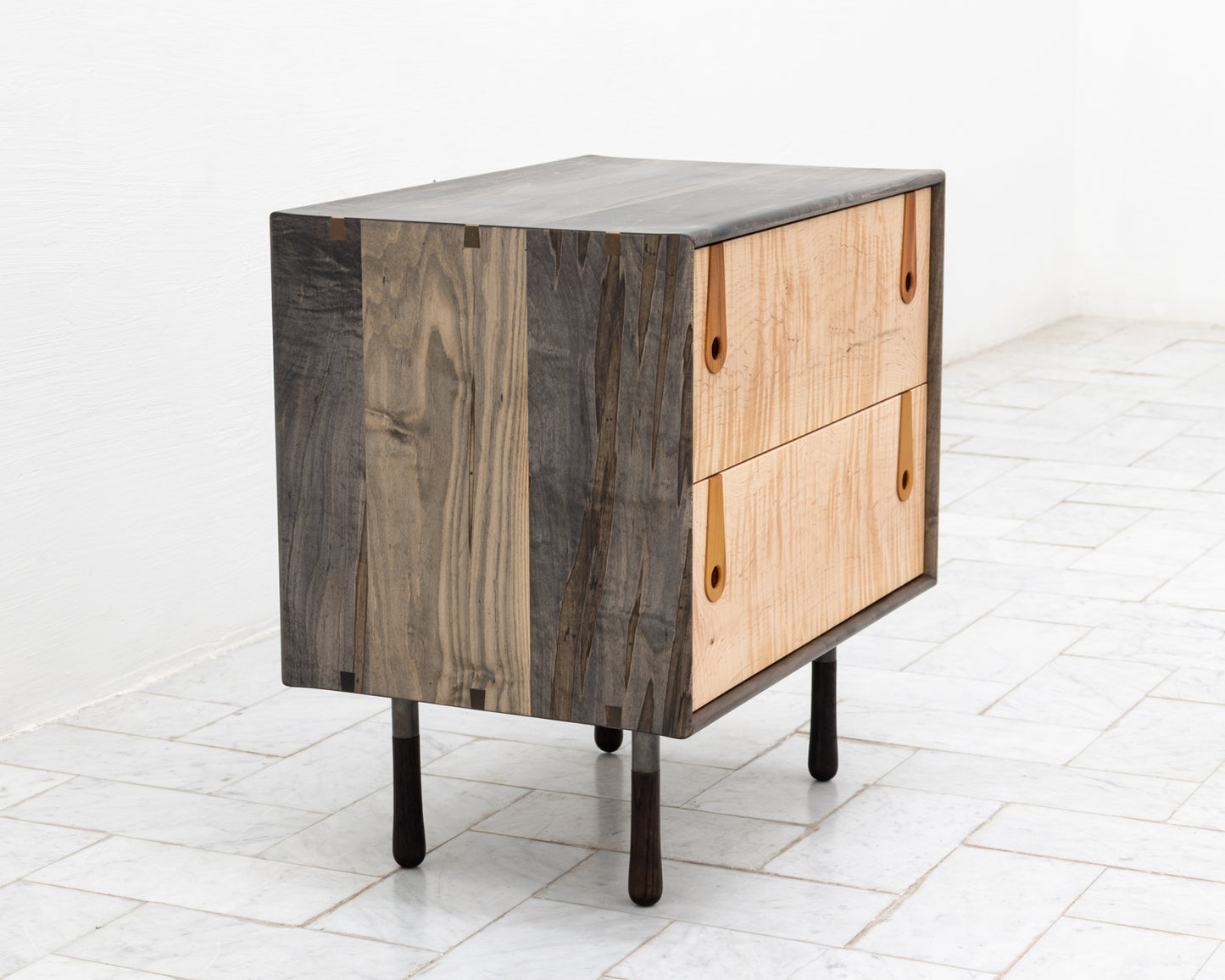 CAYESS SIDE TABLE - 25" L, OXIDIZED MAPLE EXTERIOR AND FACES, OSAGE ORANGE PULLS