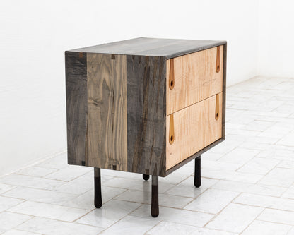 CAYESS SIDE TABLE - 25" L, OXIDIZED MAPLE EXTERIOR AND FACES, OSAGE ORANGE PULLS