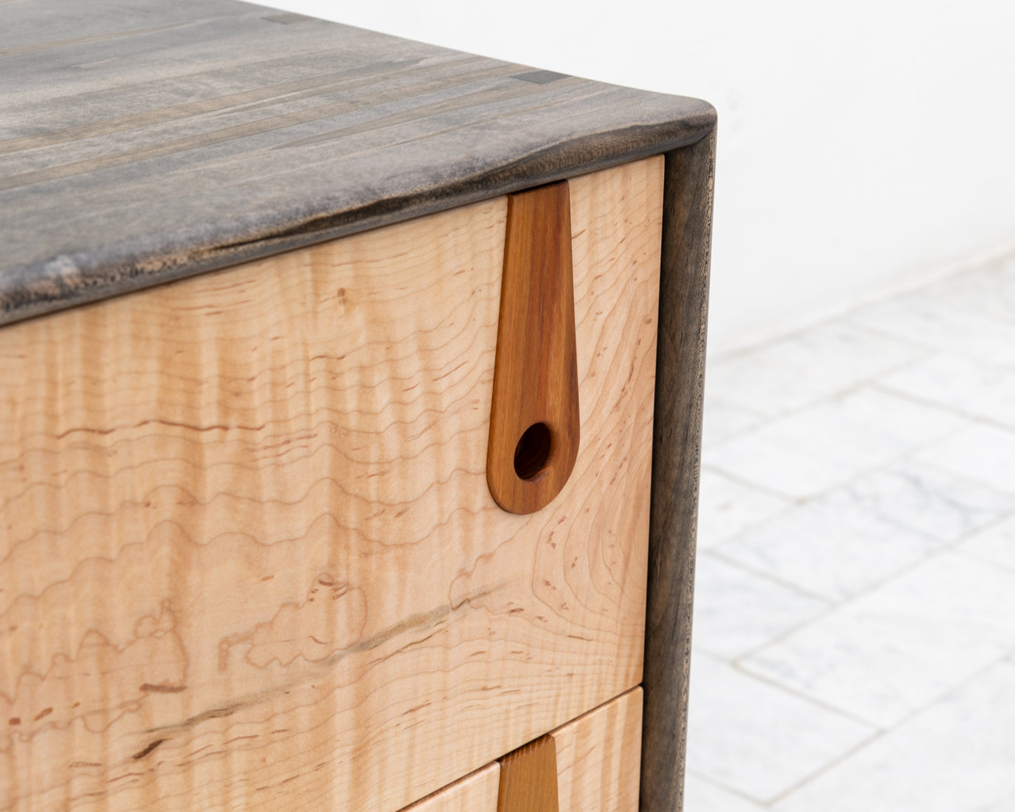CAYESS SIDE TABLE - 25" L, OXIDIZED MAPLE EXTERIOR AND FACES, OSAGE ORANGE PULLS