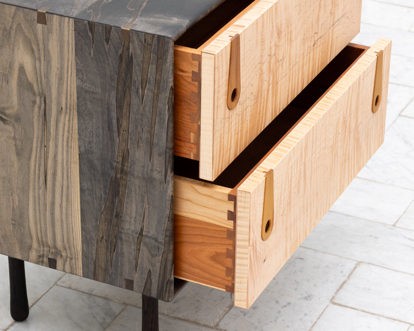 CAYESS SIDE TABLE - 25" L, OXIDIZED MAPLE EXTERIOR AND FACES, OSAGE ORANGE PULLS