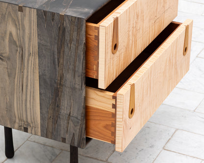 CAYESS SIDE TABLE - 25" L, OXIDIZED MAPLE EXTERIOR AND FACES, OSAGE ORANGE PULLS