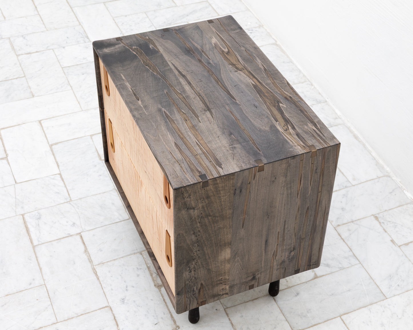 CAYESS SIDE TABLE - 25" L, OXIDIZED MAPLE EXTERIOR AND FACES, OSAGE ORANGE PULLS