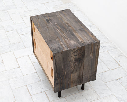 CAYESS SIDE TABLE - 25" L, OXIDIZED MAPLE EXTERIOR AND FACES, OSAGE ORANGE PULLS