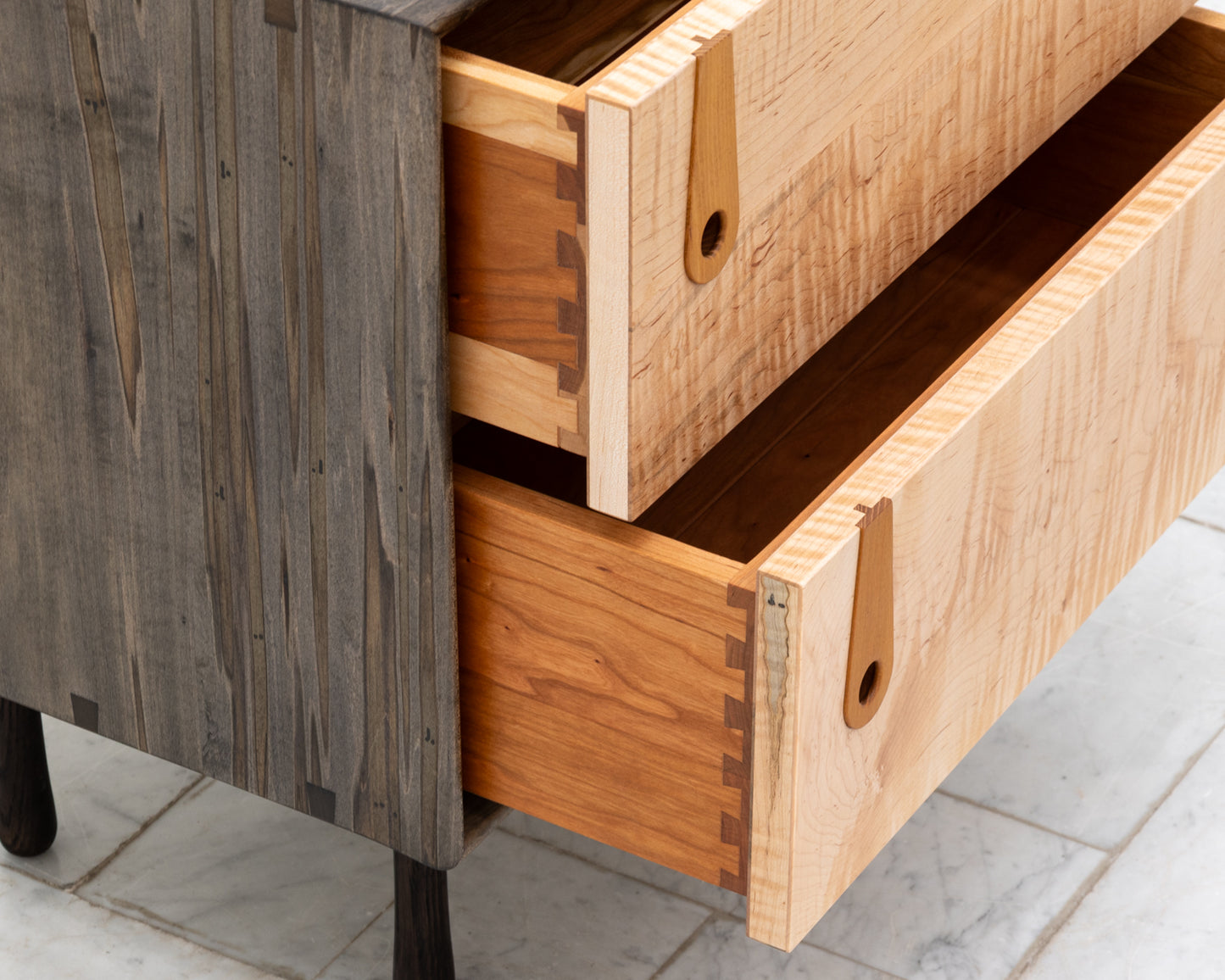 CAYESS SIDE TABLE - 25" L, OXIDIZED MAPLE EXTERIOR AND FACES, OSAGE ORANGE PULLS