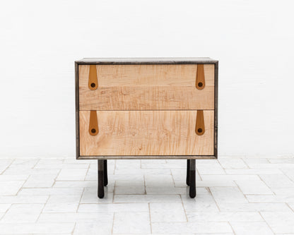 CAYESS SIDE TABLE - 25" L, OXIDIZED MAPLE EXTERIOR AND FACES, OSAGE ORANGE PULLS