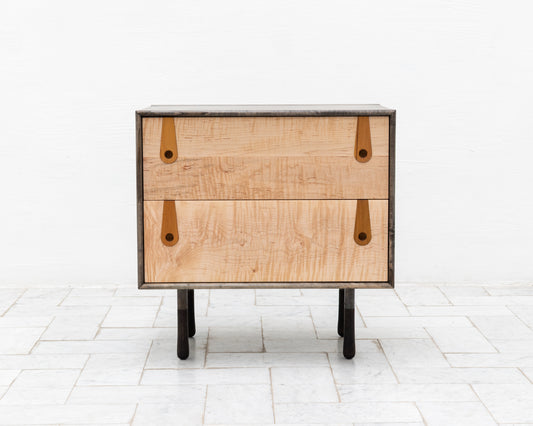 CAYESS SIDE TABLE - 25" L, OXIDIZED MAPLE EXTERIOR AND FACES, OSAGE ORANGE PULLS