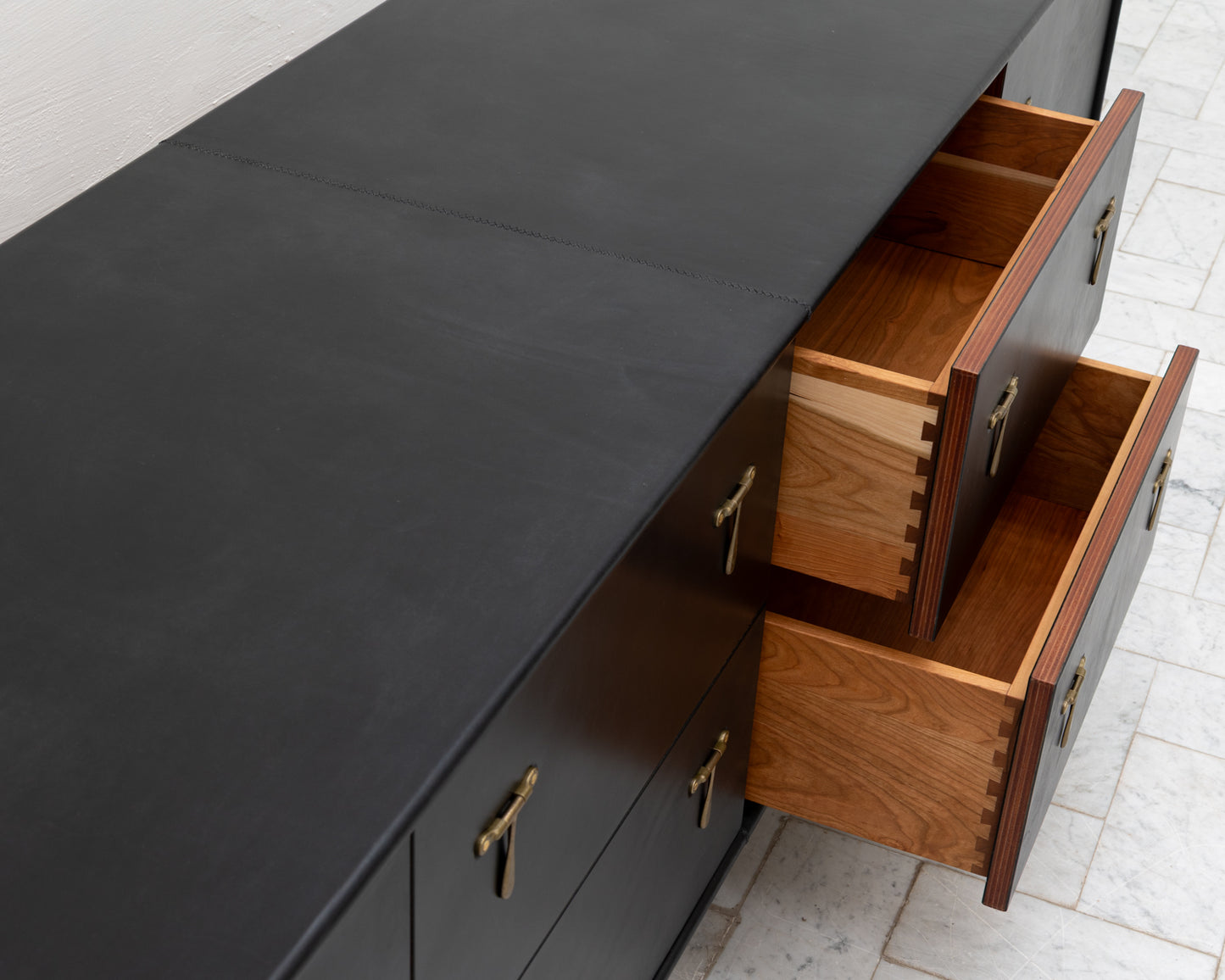 CAPTAIN'S CREDENZA - 96" L, DARK MULLED LEATHER, NATURAL BRONZE HARDWARE