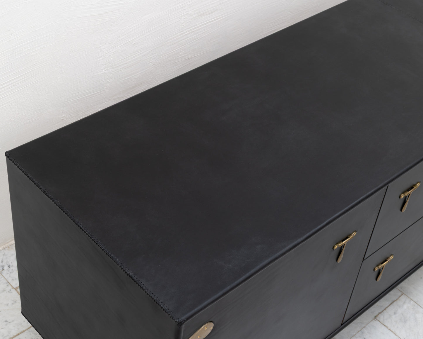 CAPTAIN'S CREDENZA - 96" L, DARK MULLED LEATHER, NATURAL BRONZE HARDWARE