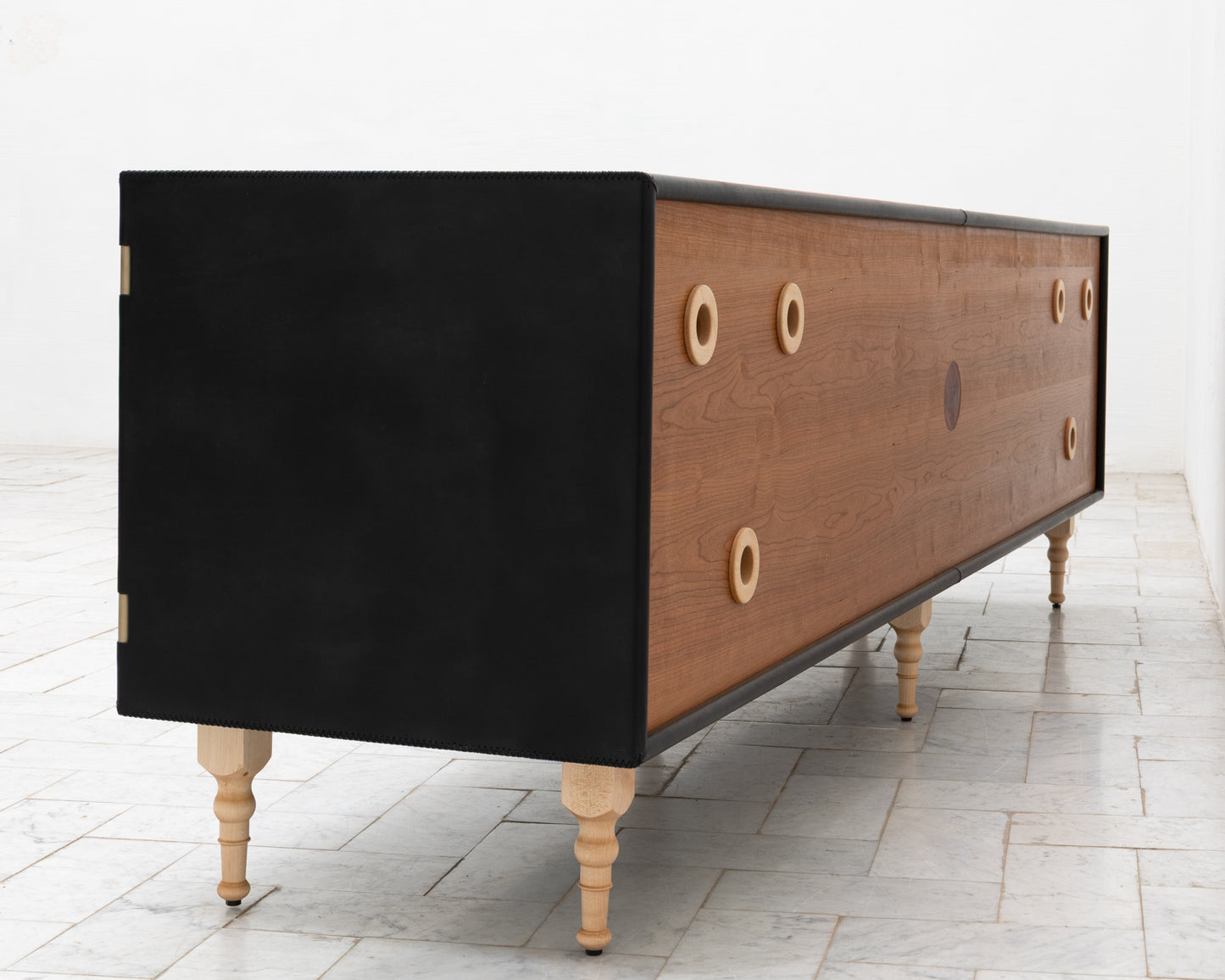 CAPTAIN'S CREDENZA - 96" L, DARK MULLED LEATHER, NATURAL BRONZE HARDWARE