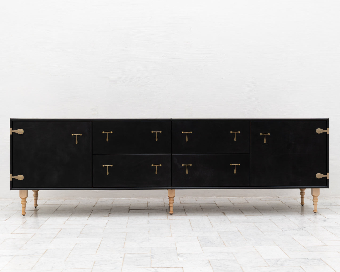 CAPTAIN'S CREDENZA - 96" L, DARK MULLED LEATHER, NATURAL BRONZE HARDWARE