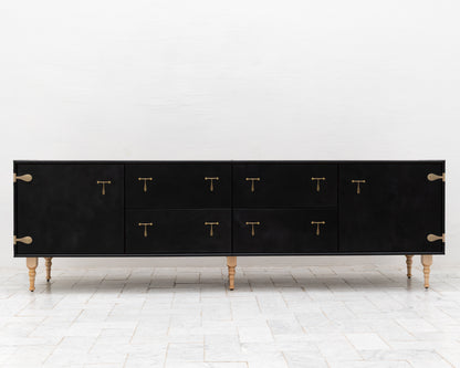 CAPTAIN'S CREDENZA - 96" L, DARK MULLED LEATHER, NATURAL BRONZE HARDWARE