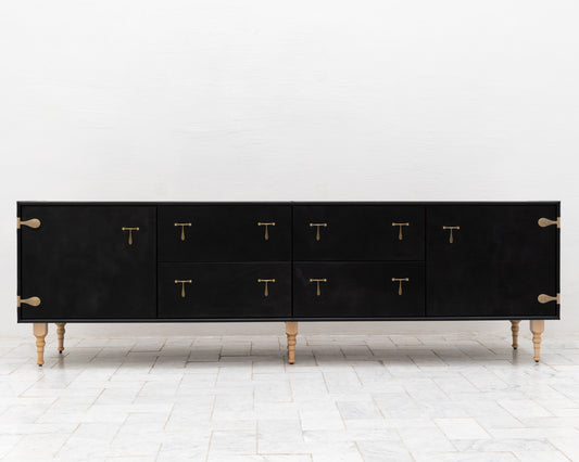 CAPTAIN'S CREDENZA - 96" L, DARK MULLED LEATHER, NATURAL BRONZE HARDWARE