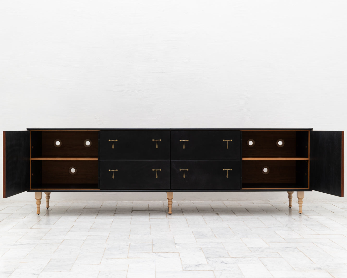 CAPTAIN'S CREDENZA - 96" L, DARK MULLED LEATHER, NATURAL BRONZE HARDWARE