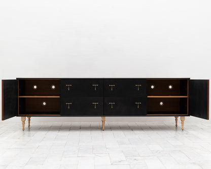CAPTAIN'S CREDENZA - 96" L, DARK MULLED LEATHER, NATURAL BRONZE HARDWARE