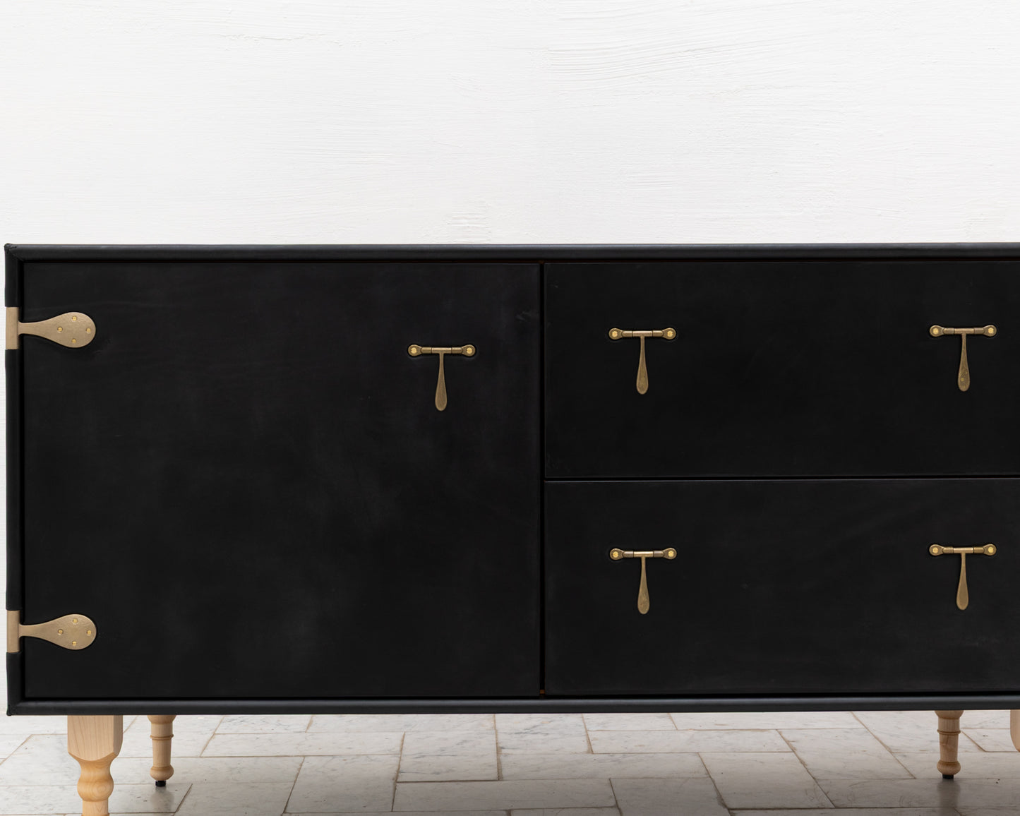 CAPTAIN'S CREDENZA - 96" L, DARK MULLED LEATHER, NATURAL BRONZE HARDWARE