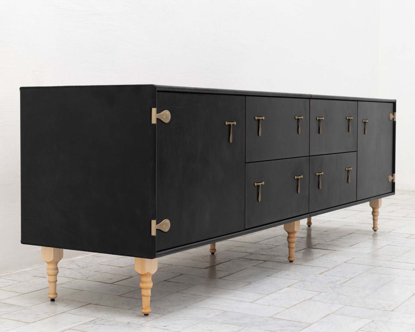 CAPTAIN'S CREDENZA - 96" L, DARK MULLED LEATHER, NATURAL BRONZE HARDWARE