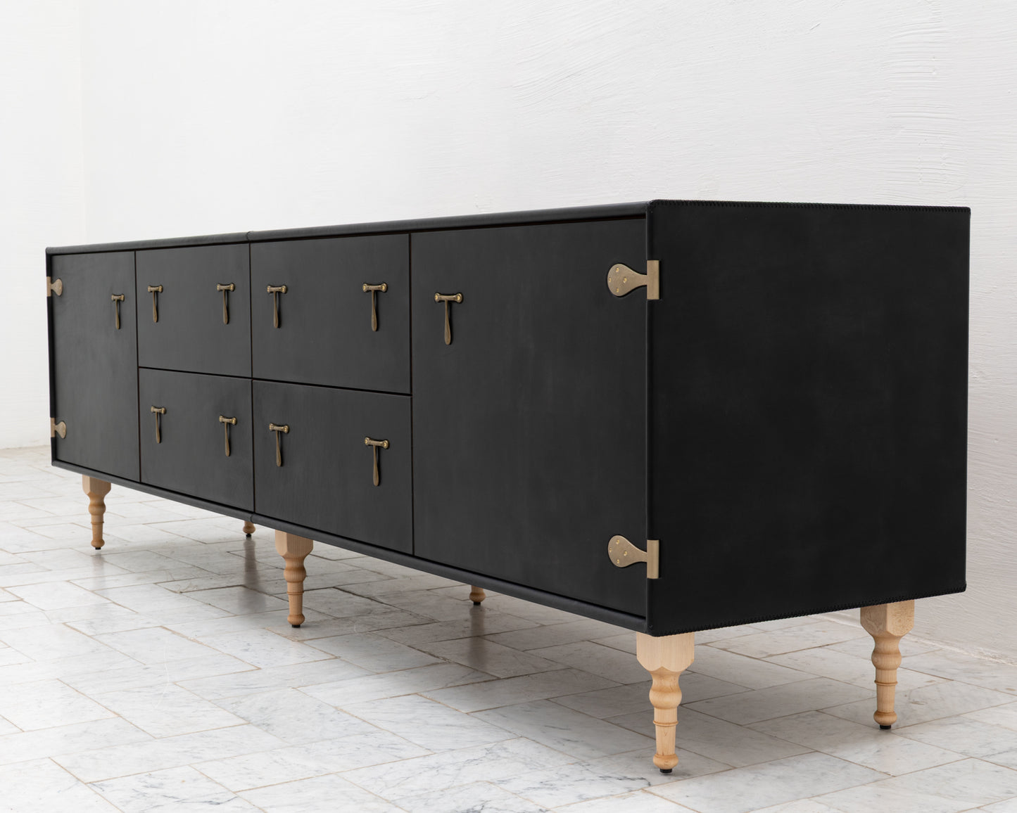 CAPTAIN'S CREDENZA - 96" L, DARK MULLED LEATHER, NATURAL BRONZE HARDWARE