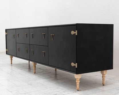 CAPTAIN'S CREDENZA - 96" L, DARK MULLED LEATHER, NATURAL BRONZE HARDWARE