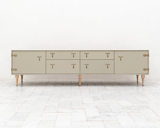 CAPTAIN'S MID CREDENZA - 95" L, PARCHMENT LEATHER, NATURAL BRONZE HARDWARE