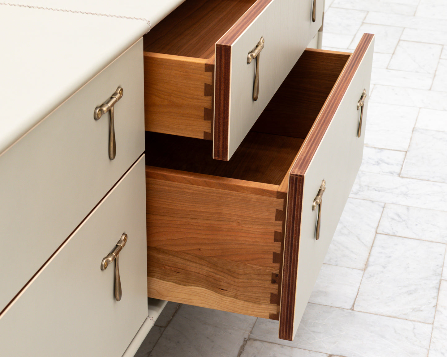 CAPTAIN'S MID CREDENZA - 95" L, PARCHMENT LEATHER, NATURAL BRONZE HARDWARE