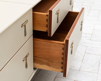 CAPTAIN'S MID CREDENZA - 95" L, PARCHMENT LEATHER, NATURAL BRONZE HARDWARE