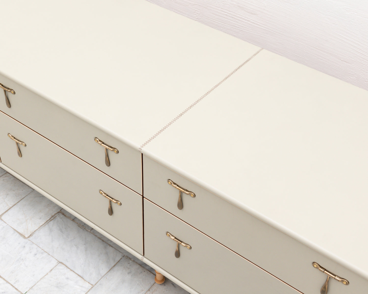 CAPTAIN'S MID CREDENZA - 95" L, PARCHMENT LEATHER, NATURAL BRONZE HARDWARE