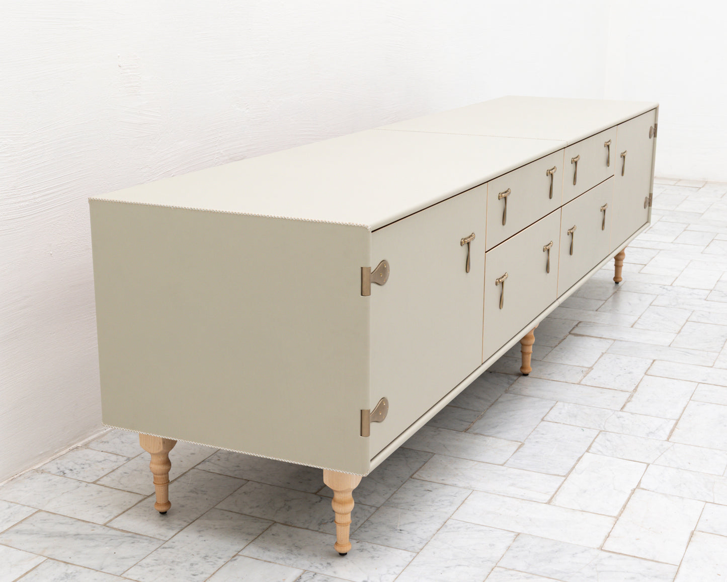 CAPTAIN'S MID CREDENZA - 95" L, PARCHMENT LEATHER, NATURAL BRONZE HARDWARE