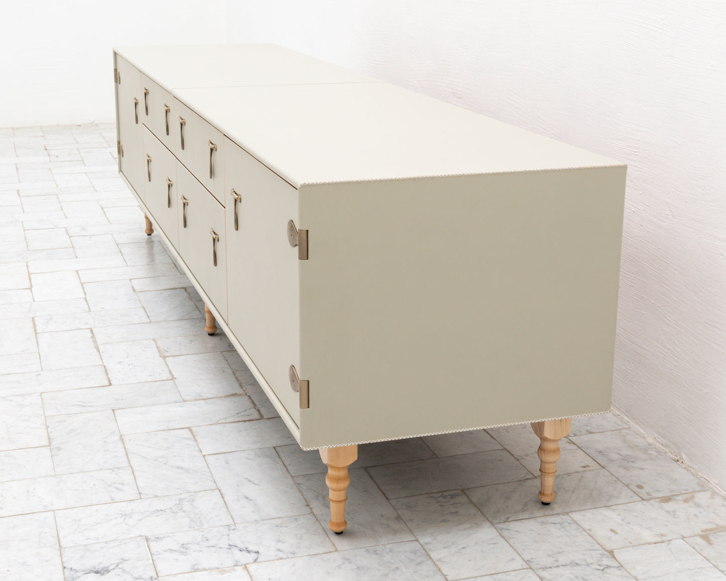 CAPTAIN'S MID CREDENZA - 95" L, PARCHMENT LEATHER, NATURAL BRONZE HARDWARE