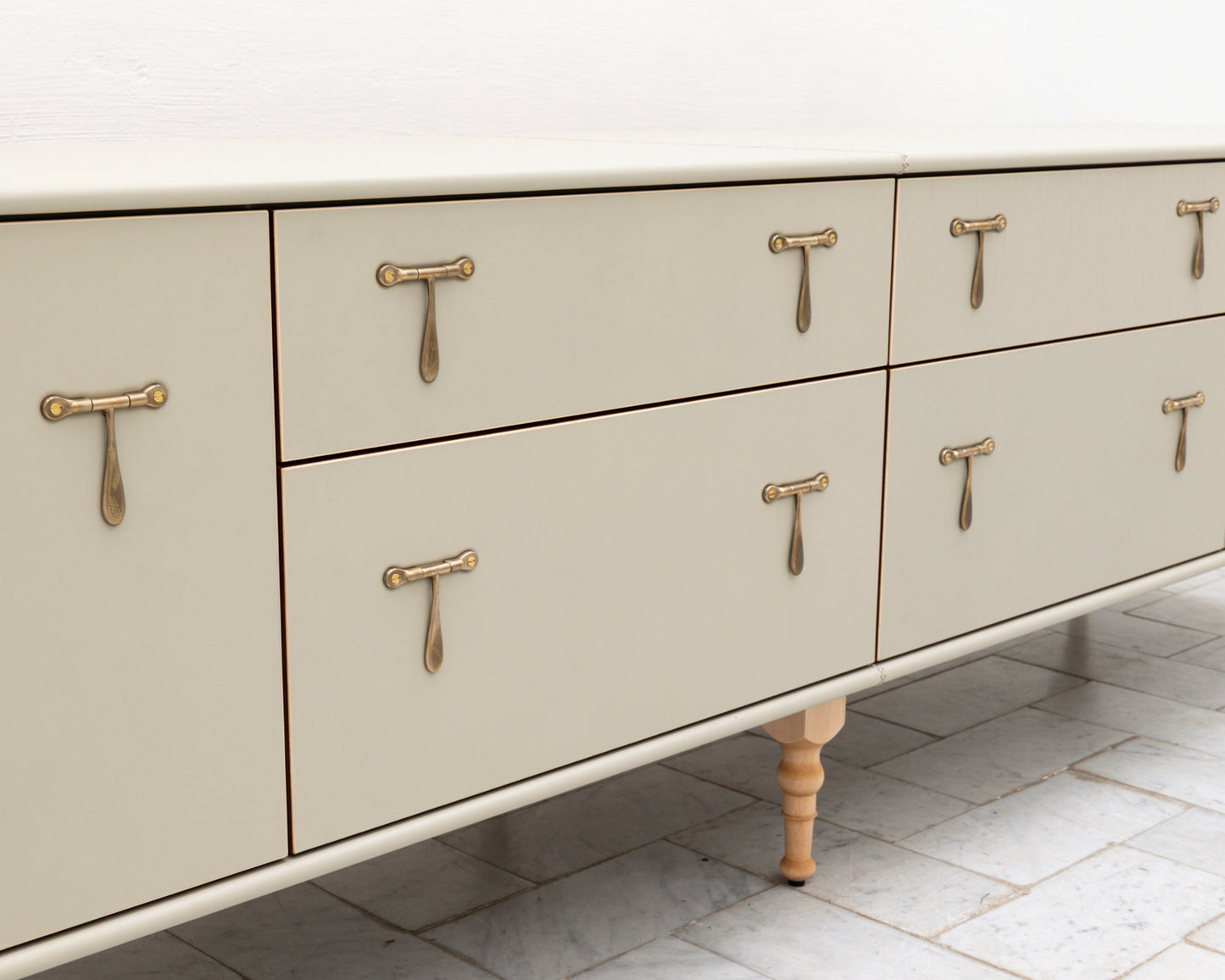 CAPTAIN'S MID CREDENZA - 95" L, PARCHMENT LEATHER, NATURAL BRONZE HARDWARE
