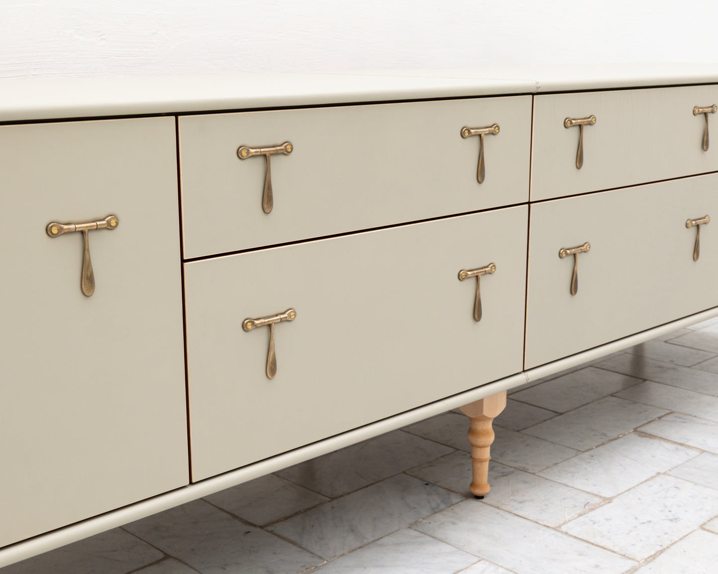 CAPTAIN'S MID CREDENZA - 95" L, PARCHMENT LEATHER, NATURAL BRONZE HARDWARE