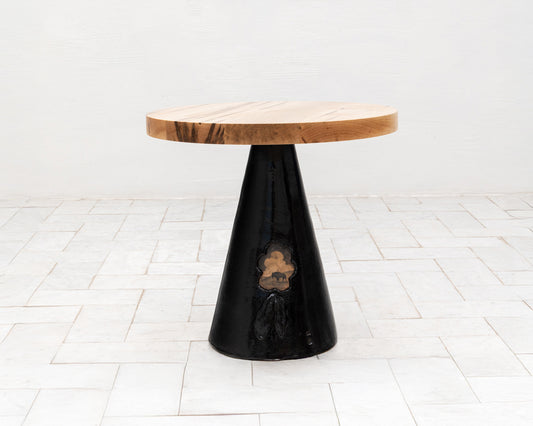 LOTCH SIDE TABLE - 23" DIAMETER NATURAL MAPLE TOP, HAND-PAINTED CERAMIC BASE