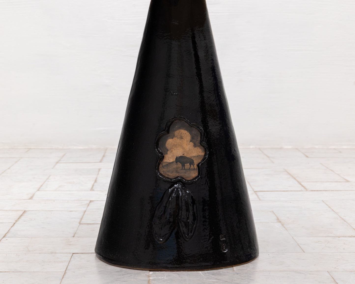 LOTCH SIDE TABLE - 23" DIAMETER NATURAL MAPLE TOP, HAND-PAINTED CERAMIC BASE