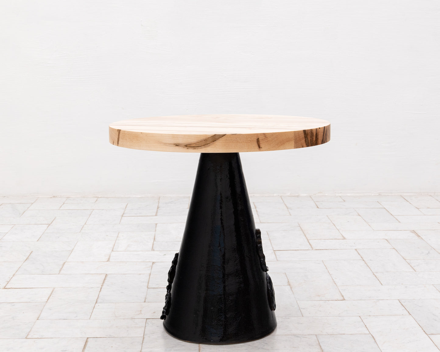 LOTCH SIDE TABLE - 23" DIAMETER NATURAL MAPLE TOP, HAND-PAINTED CERAMIC BASE