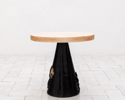 LOTCH SIDE TABLE - 23" DIAMETER NATURAL MAPLE TOP, HAND-PAINTED CERAMIC BASE